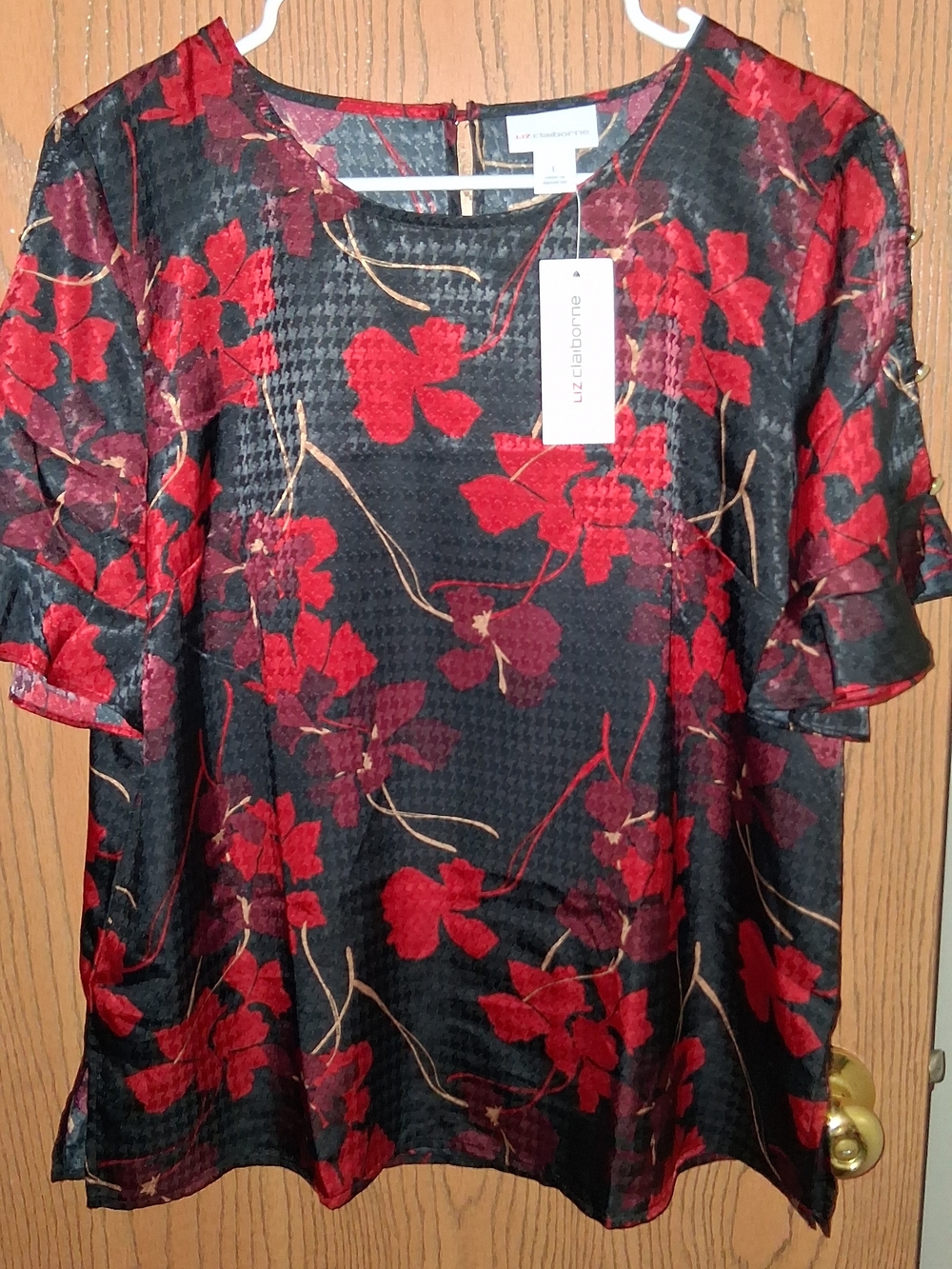 Liz Claiborne Black & Red Floral Jacquard Short Sleeve Blouse
